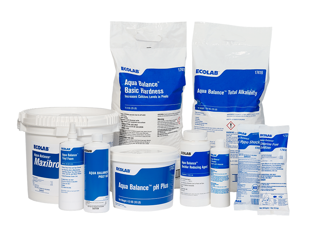 Bags and containers of Ecolab pool and spa cleaning and care products