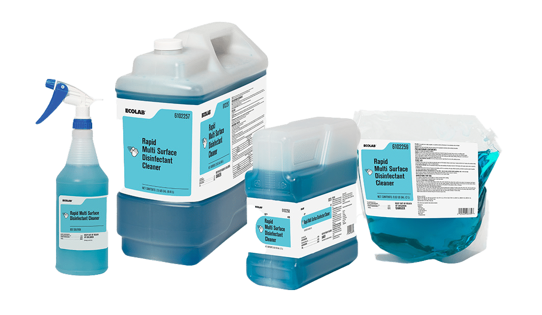 Bottles of blue Ecolab surface disinfectants