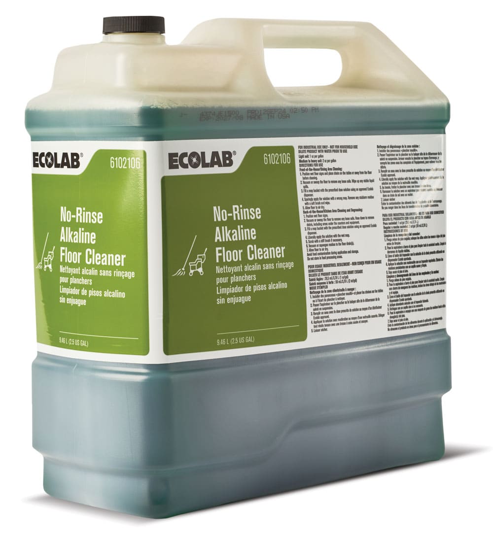 a bottle of green Ecolab No-Rinse Alkaline Floor Cleaner
