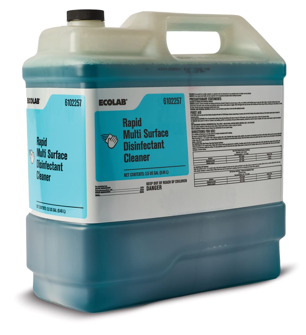 A 2.5 gallon bottle of blue Ecolab Rapid Multi Surface Disinfectant Cleaner