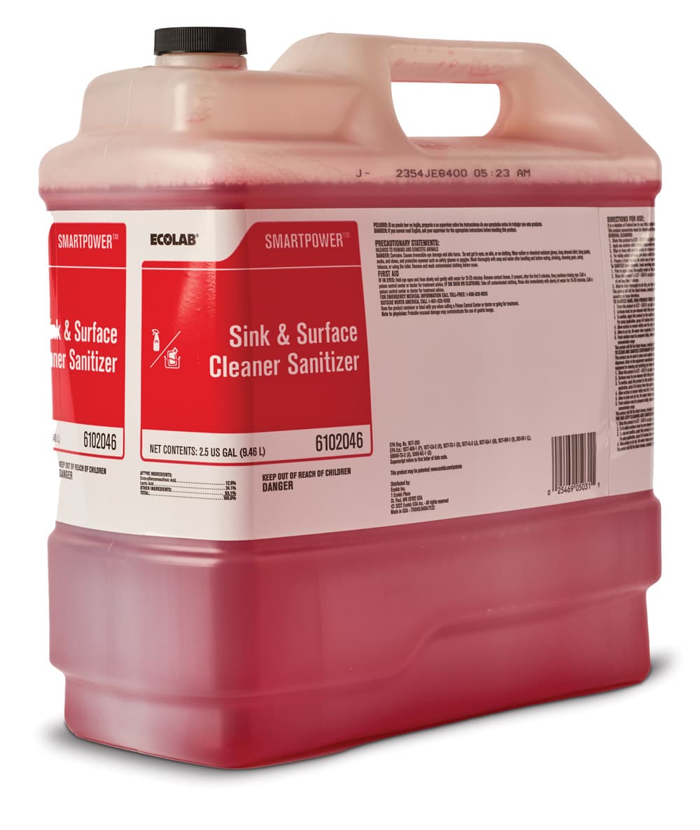 A 2.5 gallon bottle of Ecolab Sink and Surface Cleaner Sanitizer