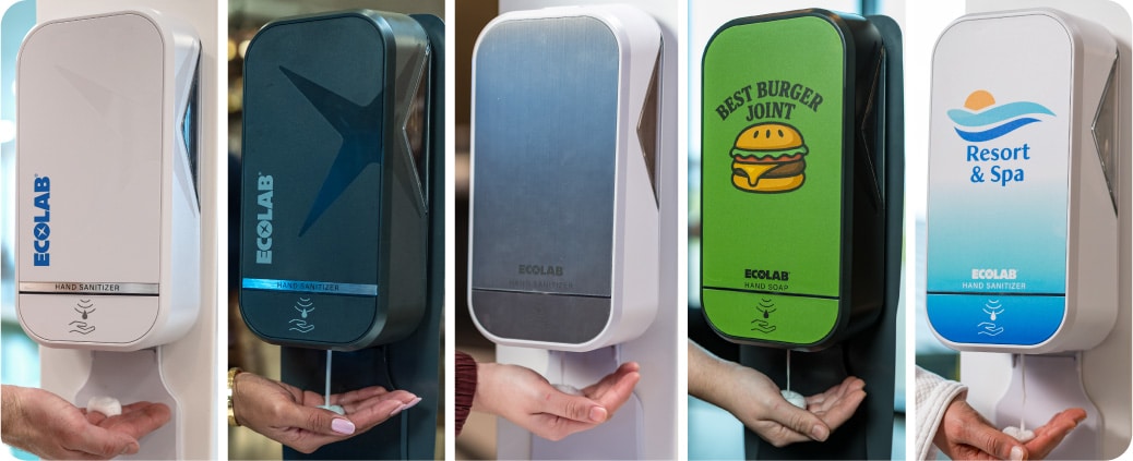 An asssortment of images showing Ecolabs Primaline dispensers in various colors and custom finishes.
